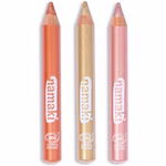 Drei Namaki Cosmetics "Kinderschminkstifte Glitzer 3er Set" Stifte in Gold Kupfer und Rosa Glitzer stehen aufrecht nebeneinander auf weißem Grund jeweils mit dem Logo und Text der Marke auf der Seite.