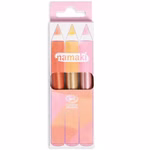 Eine Schachtel Namaki Cosmetics Kinderschminkstifte Glitzer 3er Set - drei Glitzerschminkstifte in Gold Kupfer und Rosa - verpackt mit einem rosa und pfirsichfarbenen "Cosmos Organic"-Etikett.