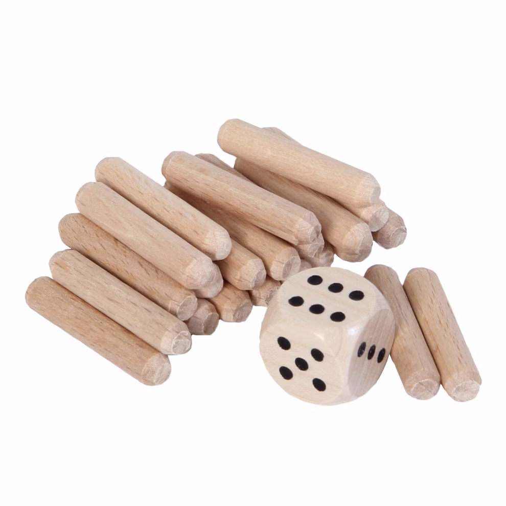 Bartl Warum immer ich? Würfelspiel_31723 Das Bartl "Warum immer ich? Würfelspiel" besteht aus zwölf Holzpflöcken und einem Holzwürfel mit schwarzen Punkten auf weißem Hintergrund.