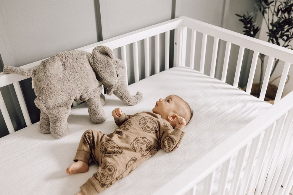 Senger Kuscheltier Elefant groß Wärmekissen_32013 Ein Baby in einem gemusterten Schlafanzug liegt auf einer weißen Kinderbettmatratze und blickt auf das Senger Kuscheltier Elefant groß Wärmekissen das neben ihm im Kinderbett liegt.