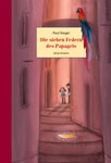Ein bunter Papagei schwebt über einer rosa beleuchteten Gasse in der zwei Kinder eine gelbe Feder entdecken. Das Buch "Die sieben Federn des Papageis Paul Biegel" ist von Urachhaus.