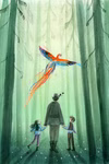 Ein magischer Vogel schwebt über einem Erwachsenen und zwei Kindern in einem nebligen Wald inspiriert von "Die sieben Federn des Papageis" von Paul Biegel Urachhaus.