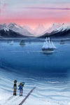 Zwei Menschen stehen bei Sonnenuntergang an einem verschneiten See Segelboote auf dem ruhigen Wasser und schneebedeckte Gipfel im Hintergrund wie in "Die sieben Federn des Papageis" von Paul Biegel (Urachhaus). Rosa und violette Töne erhellen den Himmel.