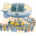 Eine Menschenmenge versammelt sich um den gelben Zeppelin Brummelhummel aus "Willy Werkel und der Zeppelin Brummelhummel" von Urachhaus. Drei Personen stehen in der Bootsgondel während Schaulustige - darunter Kinder und zwei Hunde - zuschauen Fotos machen 