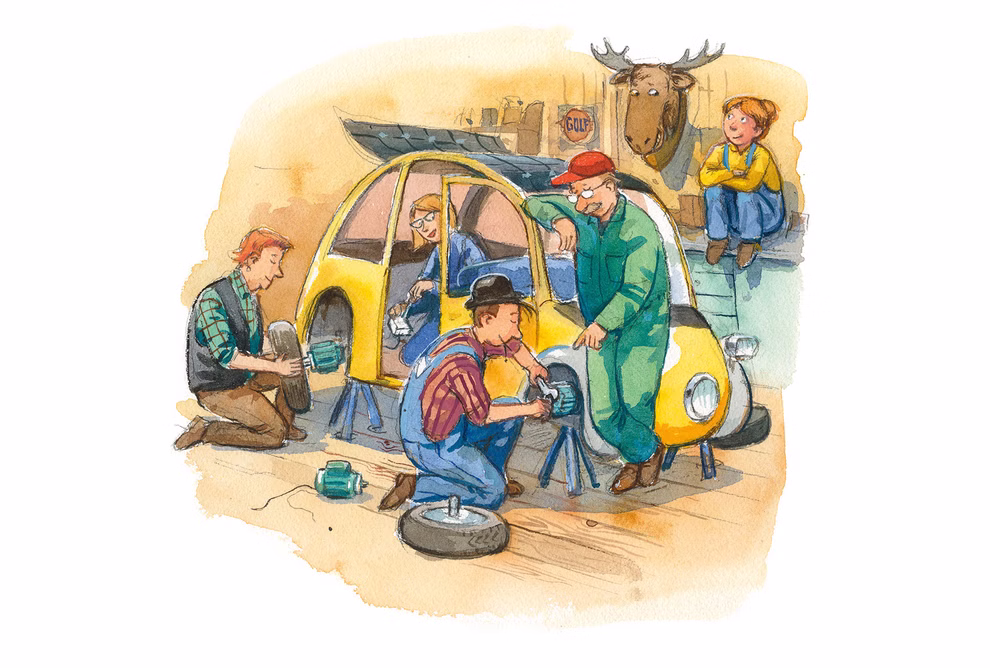 Urachhaus Willy Werkel baut ein E-Auto George Johansson_31962 Vier Personen reparieren gemeinsam ein gelbes Auto in einer Garage in der Werkzeuge und Reifen verstreut liegen. Ein Kind sitzt neben einem ausgestopften Elchkopf an der Wand. Inspiriert von "Willy Werkel baut ein E-Auto" aus Urachhaus ist die Szene bunt u