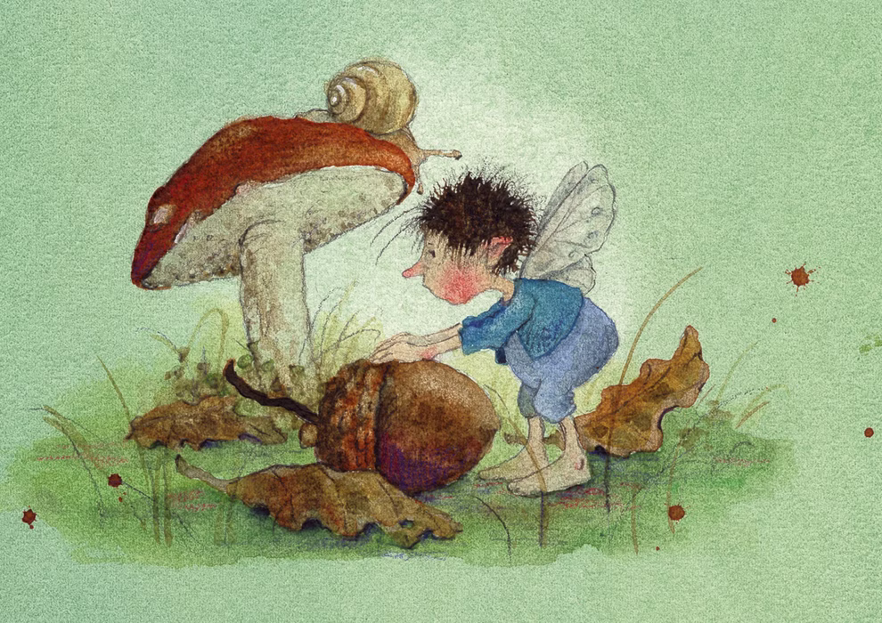 Urachhaus Postkartenbuch »Klaus Sausebraus« Daniela Drescher_31971 Eine Fee mit Flügeln und wirrem Haar beugt sich über eine große Eichel unter einem Pilz dazu gesellen sich eine Schnecke und Herbstblätter. Sanfte Grüntöne bestimmen die Szenerie im Postkartenbuch "Klaus Sausebraus" von Daniela Drescher aus Urachhaus.