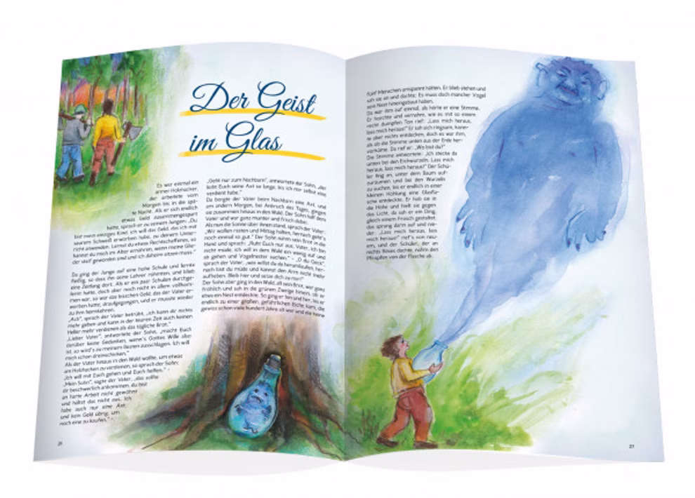 Waldow Verlag VORHANG AUF Heft 141 Glück Zeitschrift für Kinder und Eltern_31979 Die VORHANG AUF Heft 141 Glück Zeitschrift für Kinder und Eltern aus dem Waldow Verlag ist ein offenes deutsches Kindermagazin mit bunten Aquarellillustrationen und einem Jungen der im Wald ein großes blaues Gespenst entdeckt das aus einer Flasche kommt.