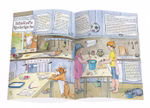 Waldow Verlag VORHANG AUF Heft 108 Rätsel Zeitschrift für Kinder und Eltern_31986 Die Illustration aus dem VORHANG AUF Heft 108 des Waldow Verlags zeigt zwei Kinder beim Backen in einer chaotischen Küche mit einem Hund mit Kochmütze einer schlafenden Katze und einer Kuh die durch das Fenster schaut. Auf den Seiten ist deutscher Text zu