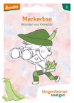 Bingenheimer Kleine Garten-Bande 5 Samentütchen _32277 Ein Cartoon-Junge mit grünem Hut und Schärpe hält ein Fernglas und Erbsen und geht aufgeregt spazieren. Der Text lautet "Kleine Garten-Bande 5 Samentütchen und Bingenheimer" in der linken unteren Ecke ist eine Erbsenschote abgebildet.