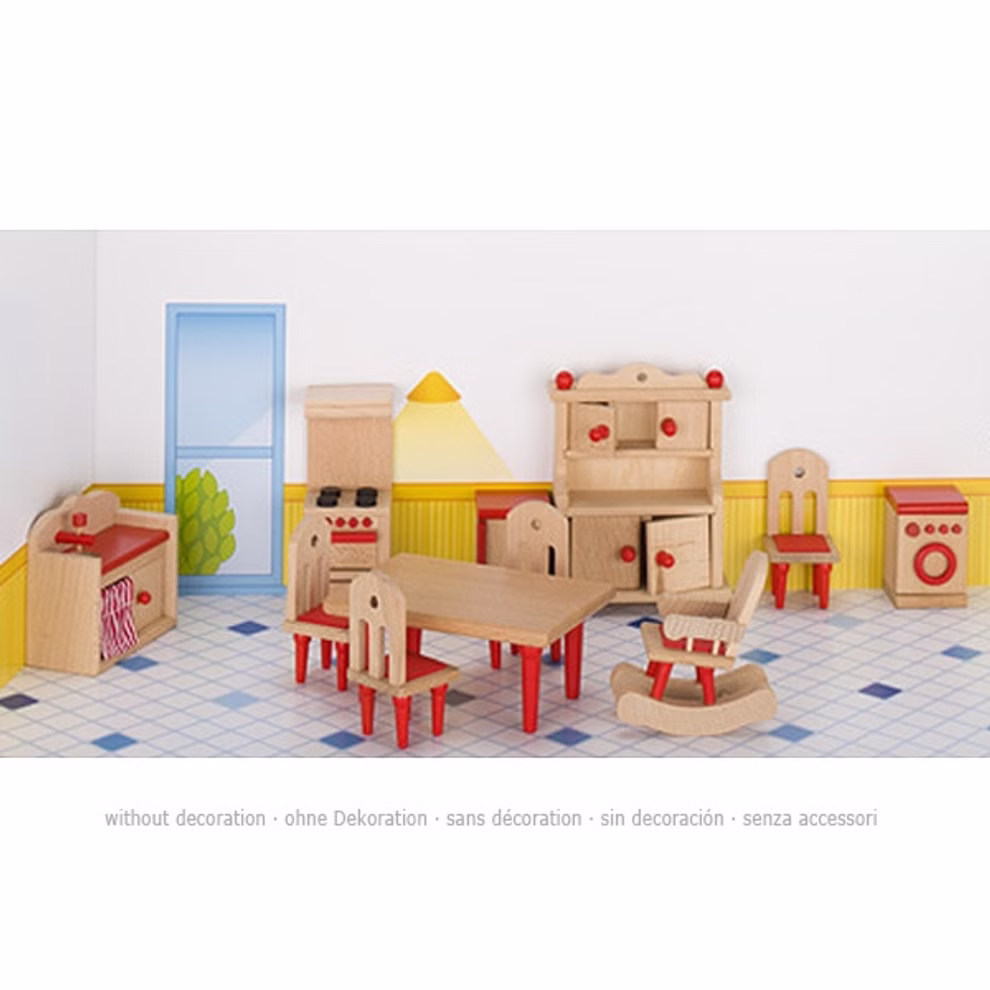 Goki Puppenmöbel Küche 11-teilig_32283 Die Goki Puppenmöbel Küche 11-teilig ist ein hölzernes Küchen- und Esszimmer-Set mit roten Akzenten bestehend aus Tisch Stühlen Ofen Schrank und Schaukelstuhl - perfekt für Puppenstuben mit gelben Wänden und blau gekachelten Böden.