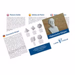 Drei sich überlappende Infokarten über den Platonischen Körper Bergkristall ø 2 cm von Marco Schreier Mineralienhandlung GmbH sind in Deutsch Englisch und Spanisch mit geometrischen Diagrammen abgebildet. Auf der deutschen Karte ist die Büste Platons abgeb