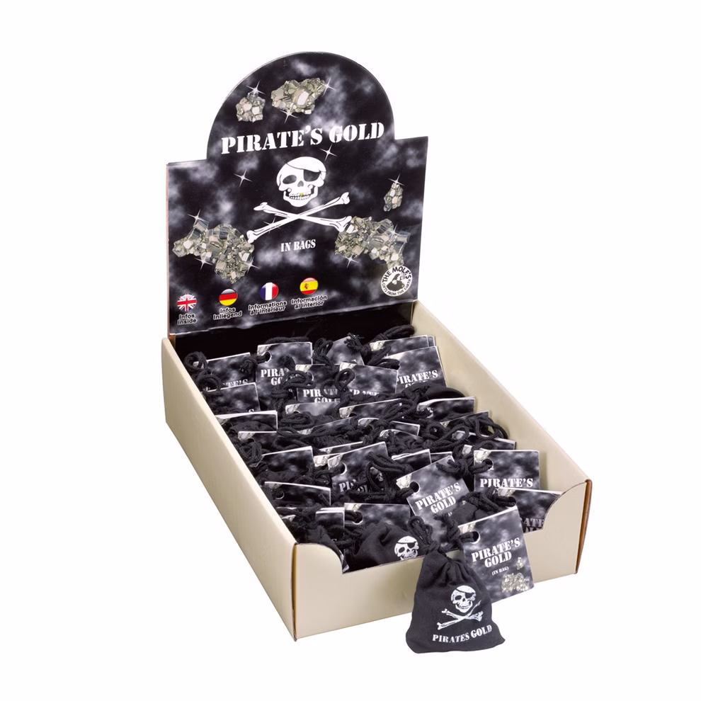 Maulwurf - Geschenke aus der Natur Piratengold Pyrit im Säckchen _32744 Ein Displaykarton von Maulwurf - Geschenke aus der Natur "Piratengold Pyrit im Säckchen" enthält kleine schwarze Kordelbeutel mit Totenkopf ein Schild mit dem Logo Goldmünzen und Schatzkarten.
