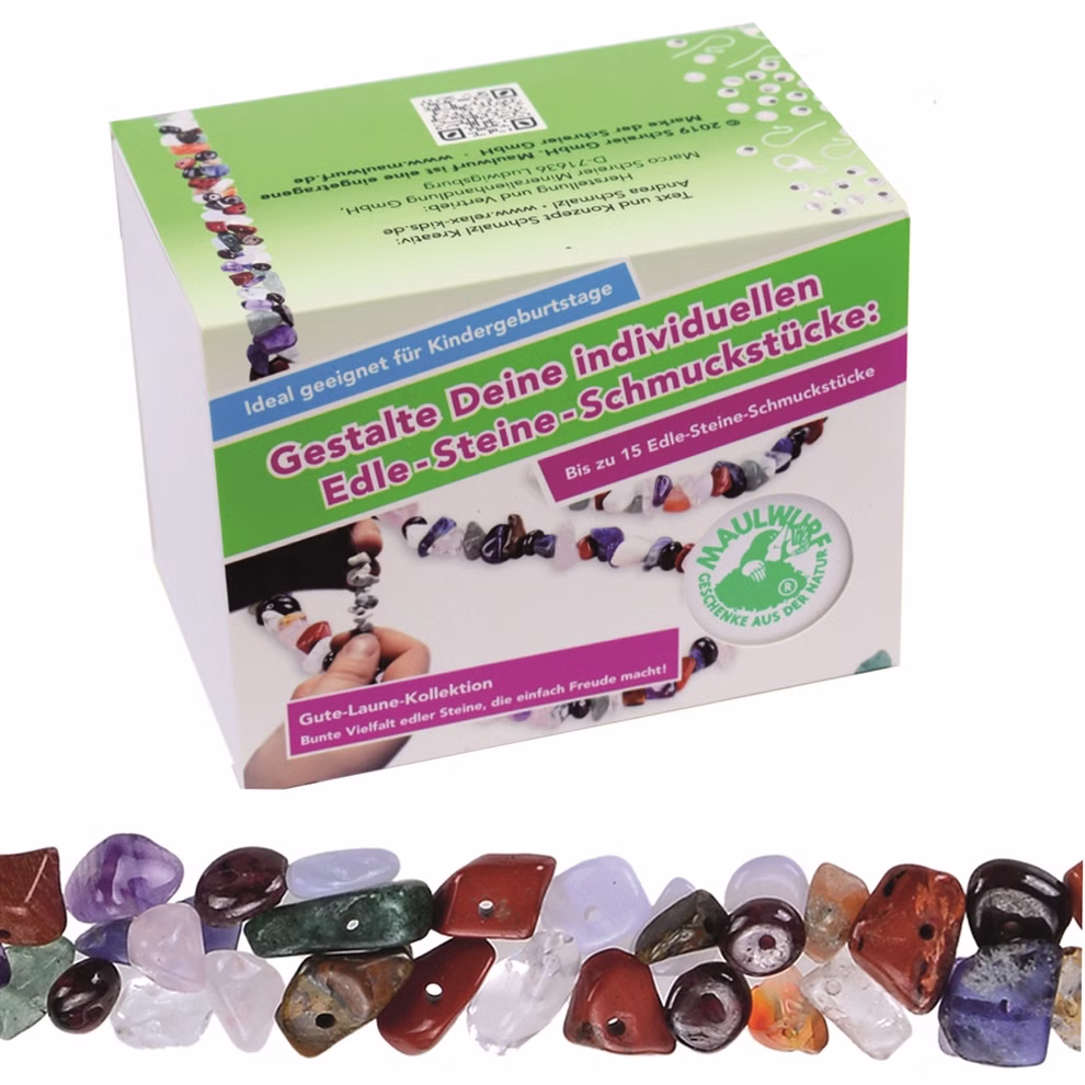 Die Bastelbox Geburtstag & Party für bis zu 15 Schmuckstücke von Maulwurf - Geschenke aus der Natur ist ein farbenfrohes Schmuck-Bastelset mit deutscher Beschriftung mit Edelsteinperlen und fertigem Schmuck sowie unten abgebildeten Reihen von geschliffenen