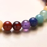 Marco Schreier Mineralienhandlung GmbH Kinder-Chakra-Armband Länge 15 cm_32729 Eine Nahaufnahme des farbenfrohen Kinder-Chakra-Armbandes (15 cm) der Marco Schreier Mineralienhandlung GmbH mit geschliffenen Edelsteinperlen in den Farben Rot Lila Blau Grün und Gelb die auf einer glatten hellen Oberfläche angeordnet sind.