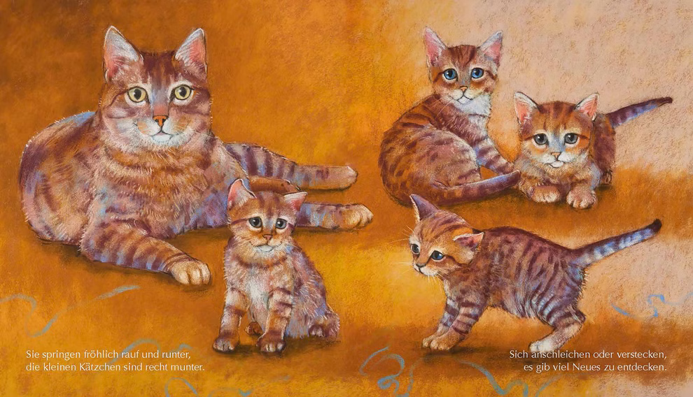 Oberste Brink Tiermütter und Tierkinder Loes Botman_32590 Eine Szene aus "Tiermütter und Tierkinder" von Loes Botman (Oberste Brink) zeigt eine Katzenmutter die sich mit vier verspielten Kätzchen auf dem Boden ausruht vor einem warmen orange-braunen Hintergrund mit deutschem Text am unteren Rand.