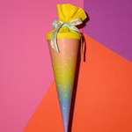Cono escolar con arco iris y estrellas