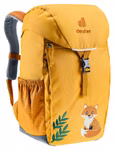 Deuter Deuter Waldfuchs Rucksack amber-maple Voumen 10 l_33326 Der Deuter Waldfuchs Rucksack (amber-maple 10L) verfügt über eine Deckelklappe Seitentaschen und graue Träger. Auf der Vorderseite ist ein lächelnder Fuchs mit einem grünen Blätterzweig abgebildet.