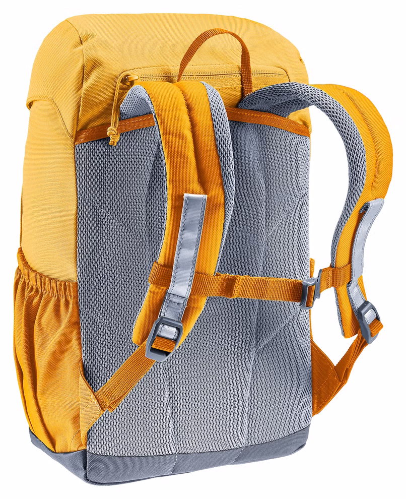 Deuter Deuter Waldfuchs Rucksack amber-maple Voumen 10 l_33322 Der Deuter Waldfuchs Rucksack (amber-maple 10l) hat grau gepolsterte Rücken- und Schultergurte Seitentaschen und verstellbare Brust- und Schultergurte. Abgebildet von hinten in einem leichten Winkel.