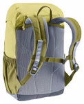 Der Deuter Waldfuchs Rucksack (linden-cactus 10L) von Deuter zeigt sich in der Rückenansicht und verfügt über gepolsterte Schultergurte einen oberen Tragegriff Netzseitentaschen und ein gepolstertes Rückenteil.