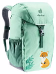 Deuter Deuter Waldfuchs Rucksack spearmint-seagreen Volumen 10 l_33353 Der Deuter Waldfuchs Rucksack in spearmint-seagreen (10L) verfügt über eine Deckelklappe eine Seitentasche eine Frontschnalle und ein gesticktes Fuchs- und Blättermotiv auf der unteren Vorderseite.