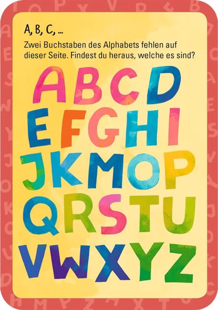 moses. Verlag 50 witzige Worträtsel spielerischer Rätselspaß mit Buchstaben_33470 Das moses. Verlags-Set "50 witzige Worträtsel spielerischer Rätselspaß mit Buchstaben" zeigt bunte Buchstaben des deutschen Alphabets in Reihen auf einer Karte mit verblassten Buchstaben im Hintergrund und einem Rätsel das fragt welche zwei Buchstaben fehl