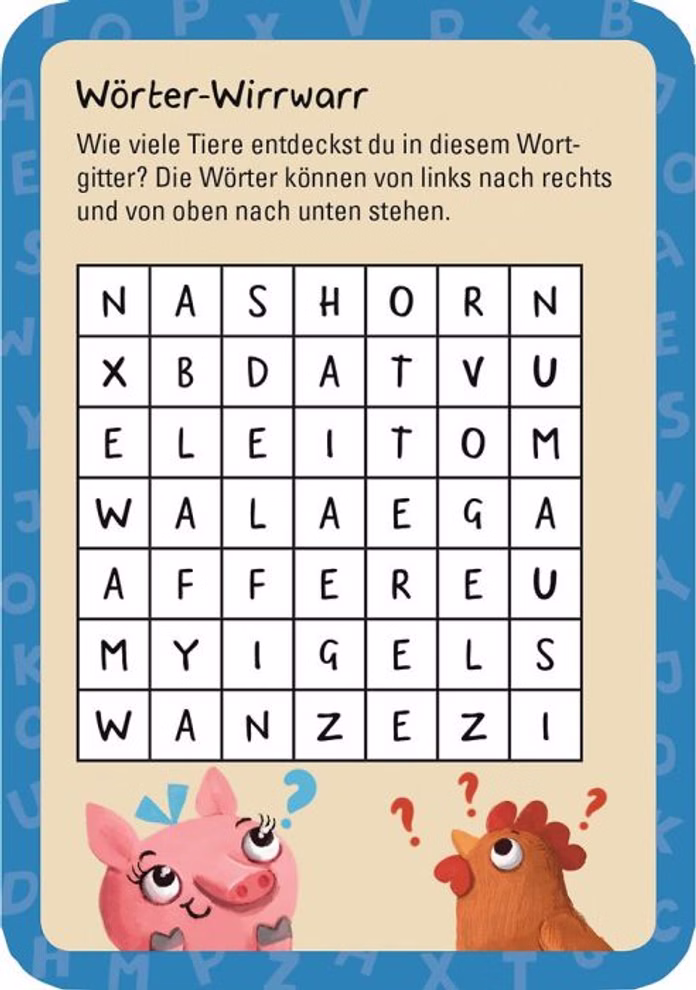 moses. Verlag 50 witzige Worträtsel spielerischer Rätselspaß mit Buchstaben_33472 Die "50 witzige Worträtsel spielerischer Rätselspaß mit Buchstaben" von moses. Verlag bietet ein lustiges deutsches Worträtsel bei dem du im Buchstabengitter Tiere wie Schwein und Huhn suchst - illustriert mit passenden Cartoons.
