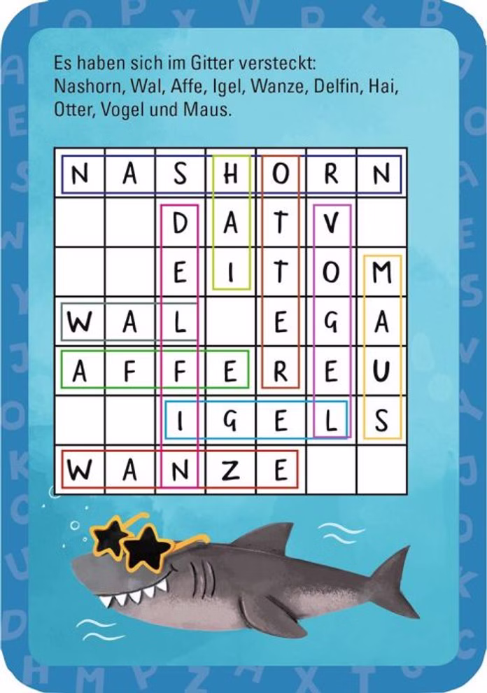 moses. Verlag 50 witzige Worträtsel spielerischer Rätselspaß mit Buchstaben_33473 Das 50 witzige Worträtsel spielerischer Rätselspaß mit Buchstaben vom moses. Verlag zeigt ein farbenfrohes deutsches Worträtsel auf blauem Hintergrund mit Tiernamen und einem Cartoon-Hai mit Stern-Sonnenbrille der unten rechts schwimmt.