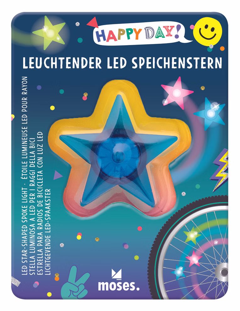 moses. Verlag Leuchtender Speichenstern LED _33680 Bunte Verpackung für den Leuchtender Speichenstern LED vom moses. Verlag mit einem gelben und blauen Stern Sternen und Punkten im Hintergrund einem Fahrradrad und dem Text "LEUCHTENDER LED SPEICHENSTERN".