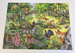 Quelle & Meyer Verlag Wald-Wimmel-Puzzle 500 Teile _33671 Das Wald-Wimmel-Puzzle 500 Teile aus dem Quelle & Meyer Verlag zeigt eine lebendige Waldszene mit Tieren wie Vögeln Füchsen Eichhörnchen Rehen und Hasen inmitten üppiger Bäume und Blumen bei strahlendem Sonnenlicht.
