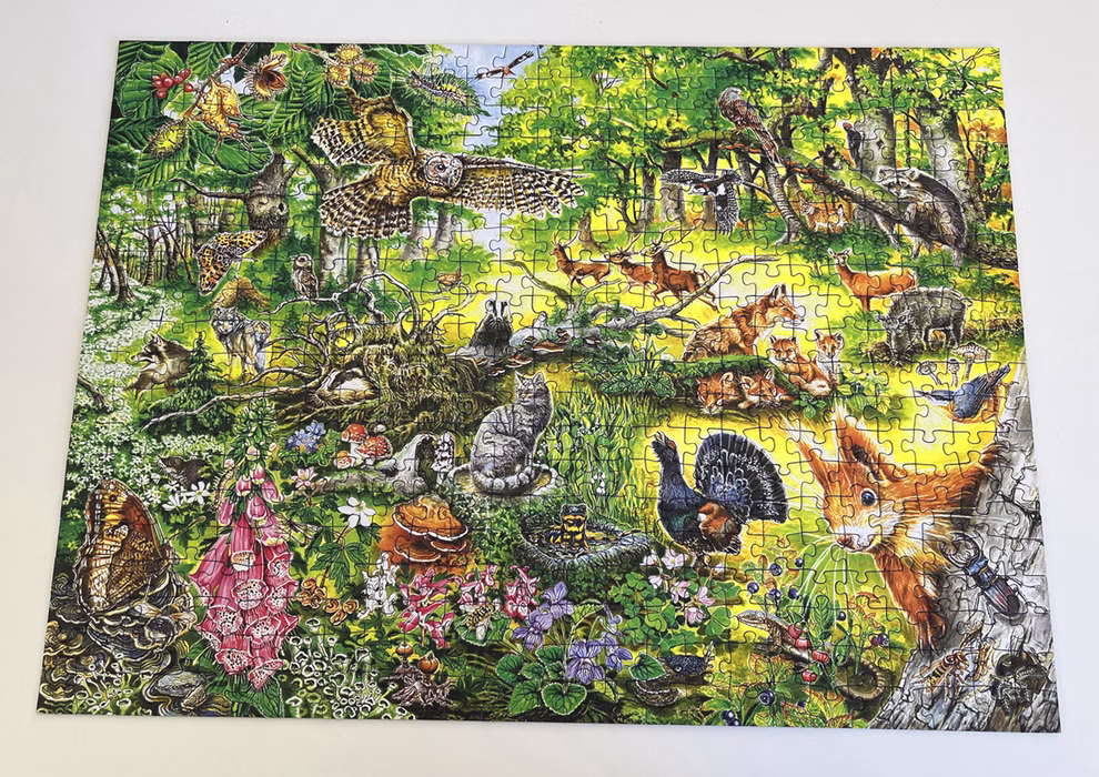 Quelle & Meyer Verlag Wald-Wimmel-Puzzle 500 Teile _33671 Das Wald-Wimmel-Puzzle 500 Teile aus dem Quelle & Meyer Verlag zeigt eine lebendige Waldszene mit Tieren wie Vögeln Füchsen Eichhörnchen Rehen und Hasen inmitten üppiger Bäume und Blumen bei strahlendem Sonnenlicht.