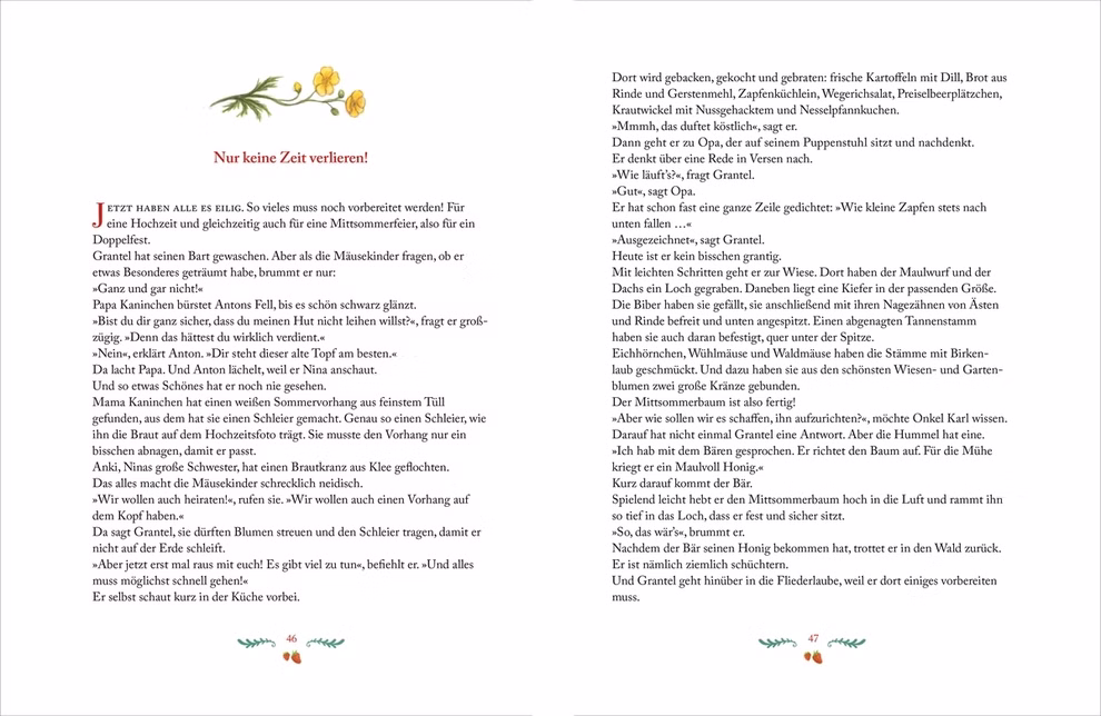 Oetinger Verlag Sonne Glück und Blaubeerduft Astrid Lindgren Sven Nordqvist Gunilla Bergström u.a._33711 Zwei Seiten aus "Sonne Glück und Blaubeerduft" (Oetinger Verlag) zeigen deutschen Text in Schwarz und Orange gelbe Blumen oben links und grün-rote Blumenmotive unten mit einem Layout im Stil eines Bilderbuchs oder Rezepts.