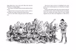 Eine Schwarz-Weiß-Illustration aus der "Ronja Räubertochter Schmuckausgabe" des Oetinger Verlags zeigt schmuddelige Erwachsene auf Bänken die sich unterhalten und essen mit einem Mann der ein Kind im Arm hält umgeben von Fässern und deutschen Texten über u