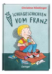 Oetinger Verlag Schulgeschichten vom Franz Mini-Augabe für die Schultüte_33728 Die Schulgeschichten vom Franz Mini-Ausgabe für die Schultüte aus dem Oetinger Verlag zeigt einen blonden Jungen der lächelnd auf einem Buch sitzt und ein Butterbrot isst umgeben von Schulsachen. Der Titel ist auf dem Umschlag abgebildet.