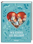Petrolfarbener geblümter Einband mit einem herzförmigen Fenster das sechs lächelnde Kinder zeigt. "Wir Kinder aus Bullerbü 1 Schmuckausgabe" vom Oetinger Verlag.