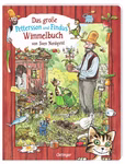Das Cover von "Das große Pettersson und Findus Wimmelbuch" aus dem Oetinger Verlag zeigt einen älteren Mann mit einer gestreiften Katze in Latzhose bei der Gartenarbeit umgeben von Pflanzen Hühnern und einem Schuppen. Der Titel erscheint auf Deutsch.