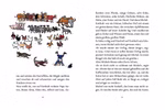 Eine illustrierte Seite aus "Michel aus Lönneberga 1 Schmuckausgabe" vom Oetinger Verlag zeigt Bauernhoftiere - Kühe Schweine Ziegen Hühner Enten Gänse Katzen Hunde Pferde - mit deutschen Texten neben und unter den Bildern.