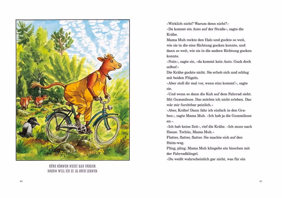 Oetinger Verlag Das große Buch von Mama Muh Jujja Wieslander Sven Nordqvist _33756 Auf dem Cover von "Das große Buch von Mama Muh" von Jujja Wieslander und Sven Nordqvist (Oetinger Verlag) fährt eine glückliche braune Kuh mit einer roten Halskette auf einem blauen Fahrrad über eine grüne Wiese beobachtet von Tieren mit Bäumen und blauem