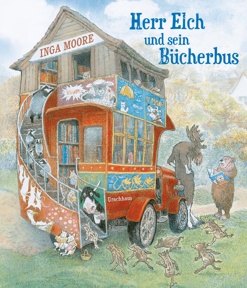 Urachhaus Herr Elch und sein Bücherbus Inga Moore_33962 Herr Elch und sein Bücherbus
