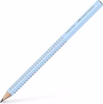Faber Castell Bleistift Jumbo GRIP Set hellblau Bleistift Radiergummi Anspitzer_34363 Ein hellblauer Faber-Castell Bleistift Jumbo GRIP aus dem Set mit silbernen Griffpunkten und einer gespitzten Spitze ist diagonal auf weißem Hintergrund platziert.