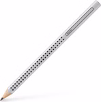 Faber Castell Jumbo Grip Bleistift Härtegrad HB_34365 Der Faber Castell Jumbo Grip Bleistift Härtegrad HB ist ein silberner sechseckiger Bleistift mit einer Holzspitze schwarzen Punkten entlang des Körpers und einem Beschriftungsfeld mit der Aufschrift "Name".