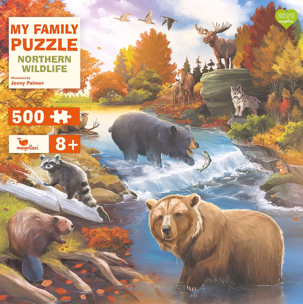 My Family Puzzle - Northern Wildlife Farbenfrohe Illustration eines kanadischen Wald- und Flusslaufs mit Bären, Wildpferden und herbstlichen Bäumen als 500-Teile-Puzzle.