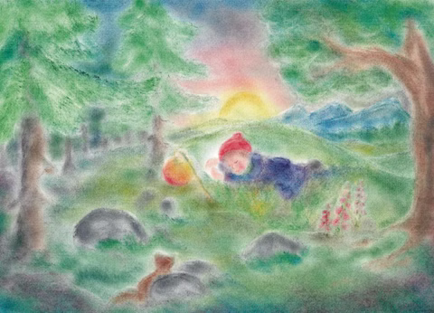 Cartolina d'arte Bambino con lanterna addormentata