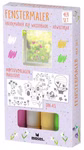 Fenstermaler-Set Vier farbige Kreidemarker in einer Geschenkbox neben einer Fensterfläche mit Frühlingsmotiven und Vorlagenbögen.