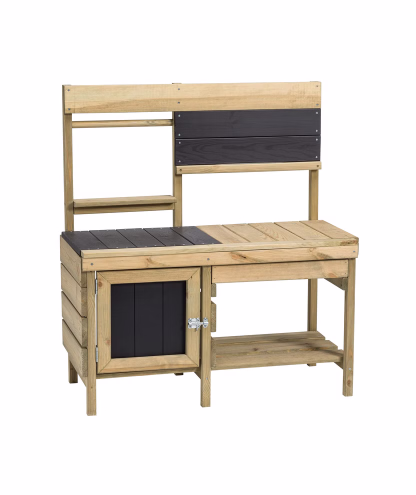 Kinder Outdoor Küche Freistehende Kinderküche aus hellem Fichtenholz für den Garten mit zwei Herdplatten, Ablagefächern und einer seitlich ausziehbaren Theke.