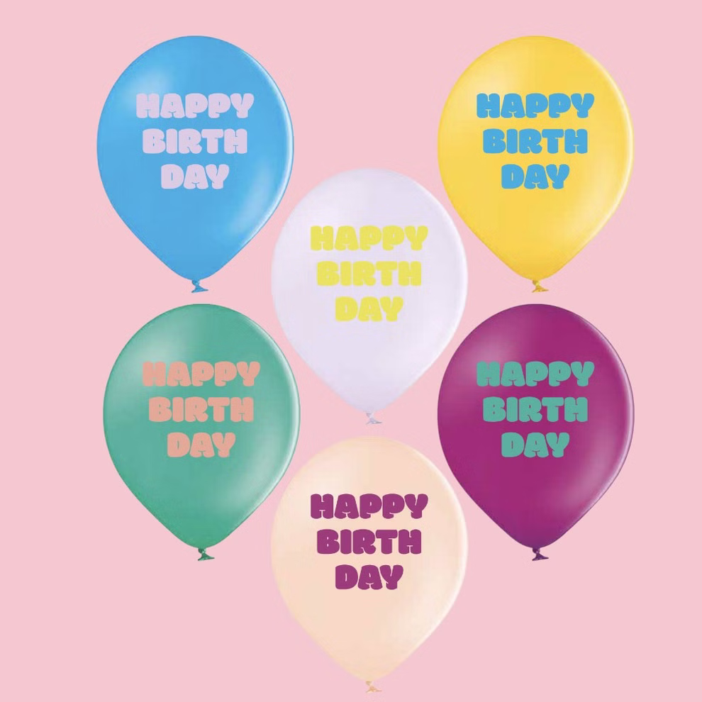 Luftballons Happy Birthday, bunt 6 bunte Luftabllons mit der Aufschrift Happy Birthday auf rosafarbenem Hintergrund.