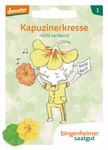 Bingenheimer Saatgut Kapuzinerkresse Illustrierte Saatguttüte der Garten-Bande mit orangefarbenen und gelben Kapuzinerkresse-Blüten für Kinder.