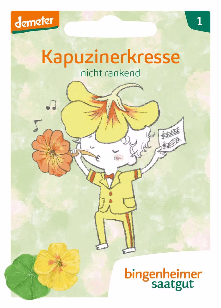 Bingenheimer Saatgut Kapuzinerkresse Illustrierte Saatguttüte der Garten-Bande mit orangefarbenen und gelben Kapuzinerkresse-Blüten für Kinder.