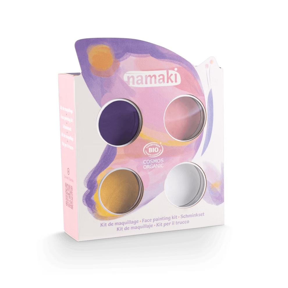 Schminkset Schmetterling Namaki Schminkset mit vier Schminkfarben in Rosa, Violett, Goldgelb und Weiß, Kosmetikpinsel sowie Kindertattoos für kreative Kinderschminke.