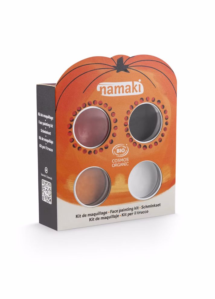 Schminkset Halloween Kinderschminkset mit vier Schminkfarben in Schwarz, Orange, Rot und Weiß, Kosmetikpinsel sowie Halloween-Tattoos für Kürbis-, Skelett- und Spinnenmotive.