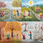 Jahreszeiten Kartenset Vier Postkarten im DIN-A6-Format mit Jahreszeitenmotiven in Seccorell-Technik: Frühling, Sommer, Herbst und Winter in sanften Farbtönen.